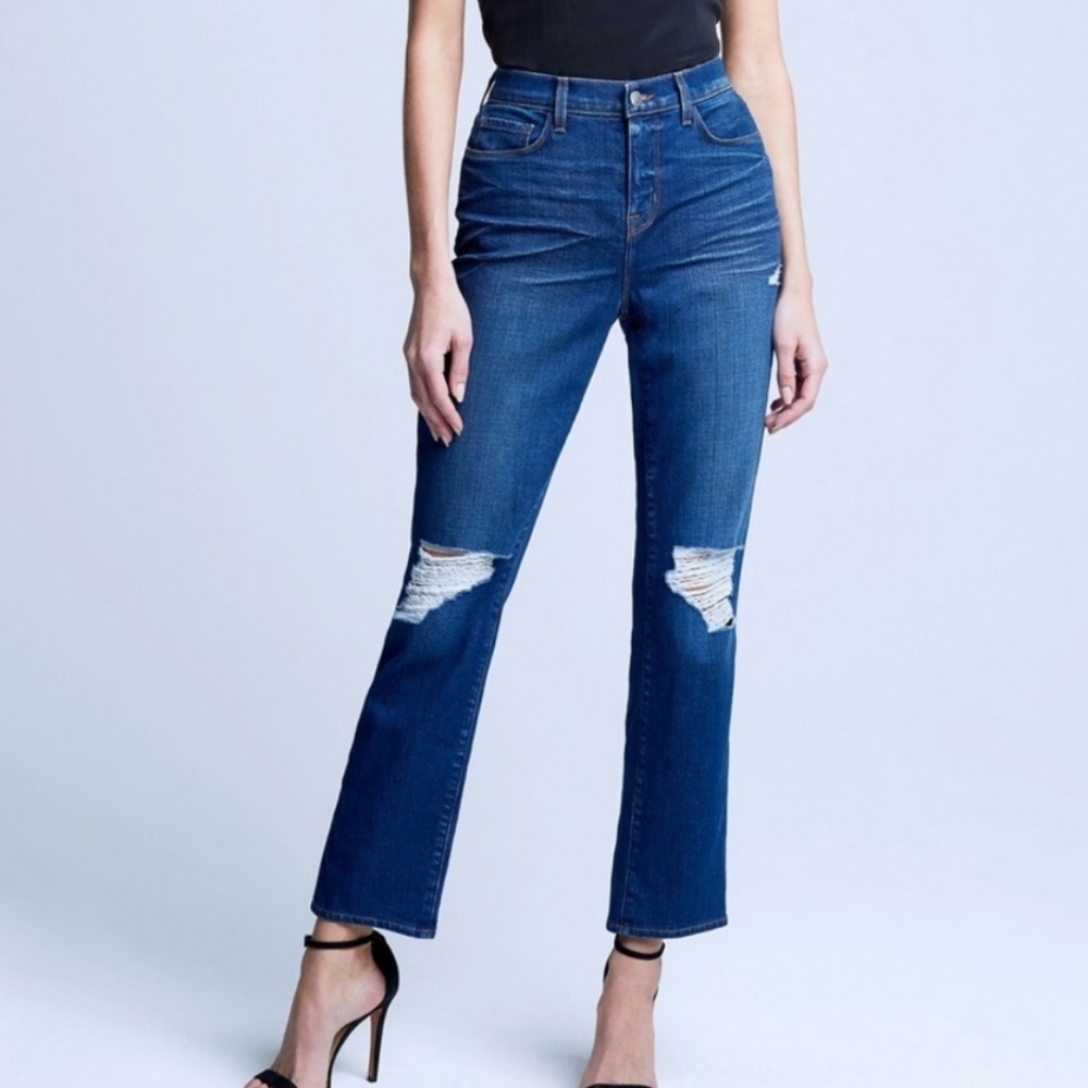 L'agence Shane Mid-Rise Straight Leg Slouchy Cropped Distressed Jeans